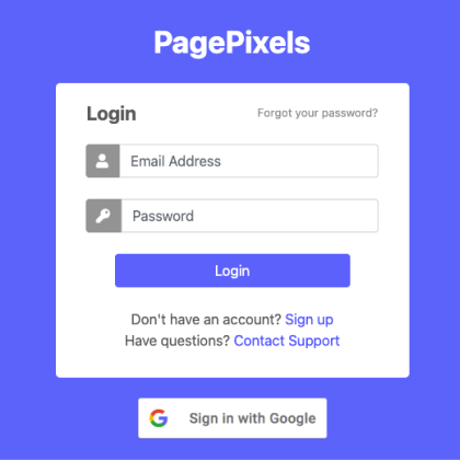 PagePixels login screen with an arrow pointing at the sign up button