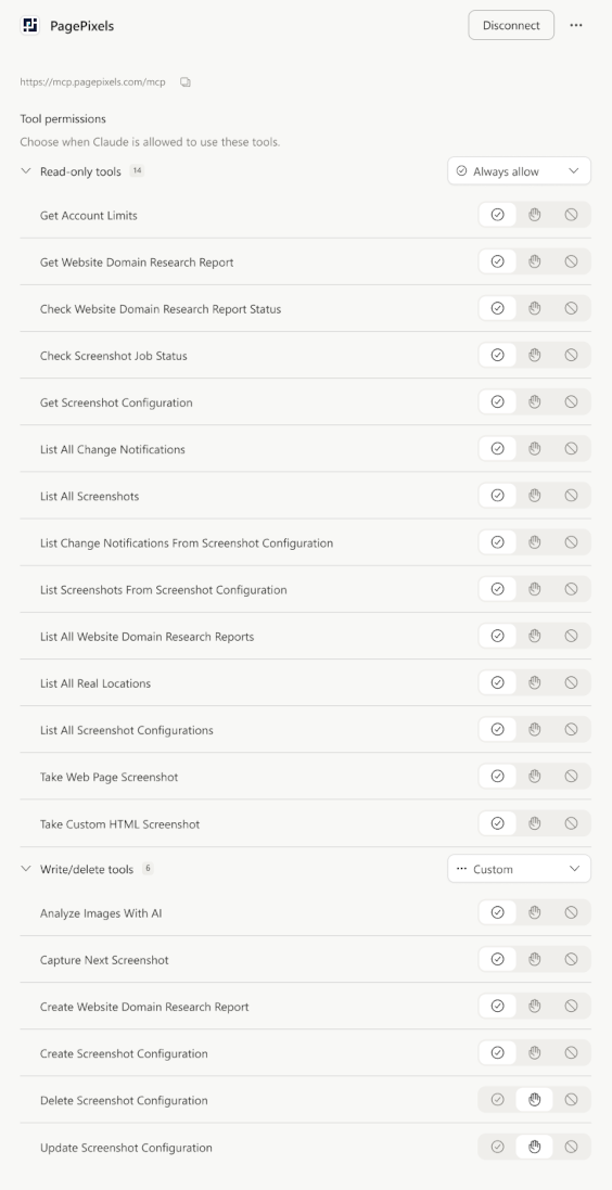 List of tools and permissions for PagePixels inside the Claude web app