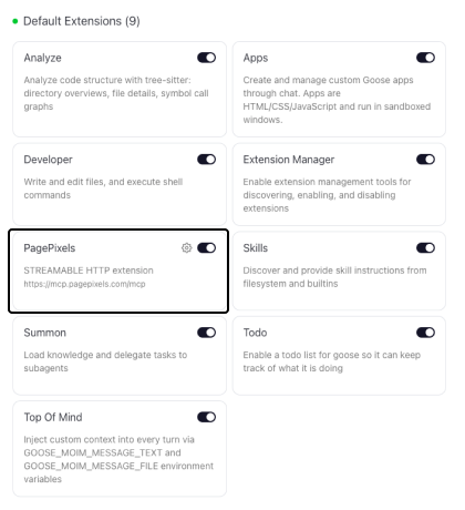 Goose app extension list with PagePixels highlighed