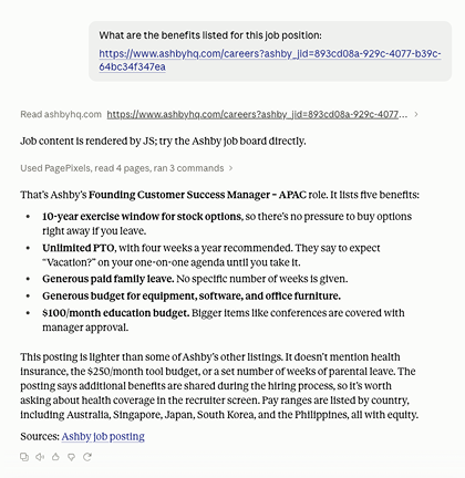 Claude.ai chat: the benefits listed on a job posting, extracted from the page's rendered HTML
