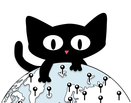 A black cat peeks over the top of a globe, its paws gripping the edge. Black map pins are scattered across the globe, representing different real locations.